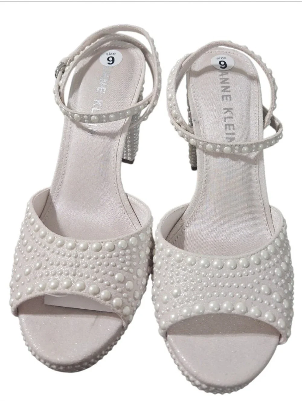 Anne Klein Vanna-P Pearl Embellished Platform Block Heel Sandals Size 9 New
